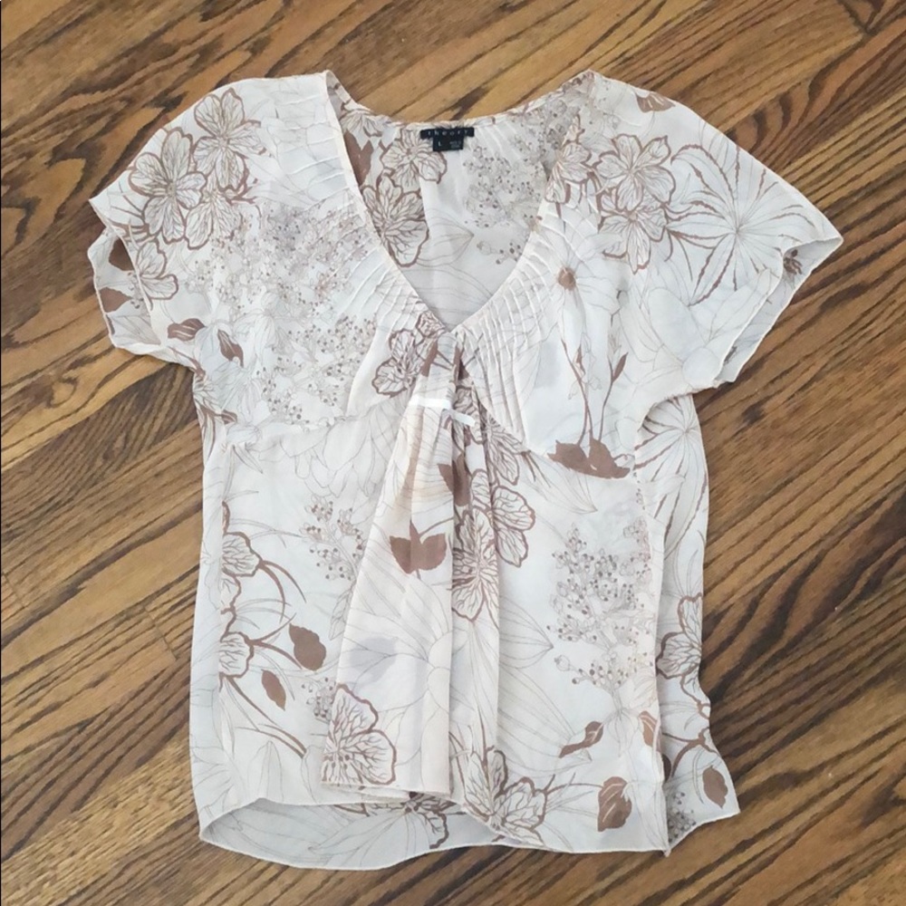 Silk Crepe Theory Top in Brown and Bone Print